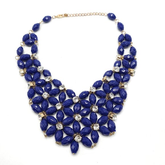 Estate Jewelry - Statement Acrylic Blue Beaded Necklace With Gold Tone Chain Rhinestone Accents